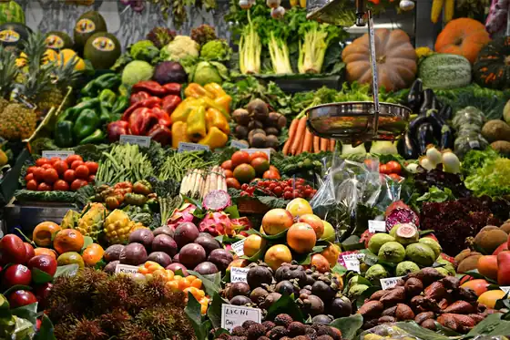 Fresh fruit and vegetables stacked at a produce supplier